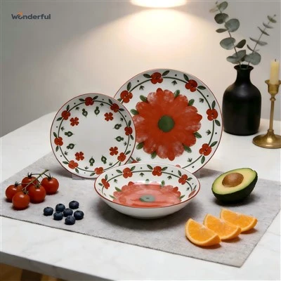 Bộ bát đĩa gốm hoa đỏ