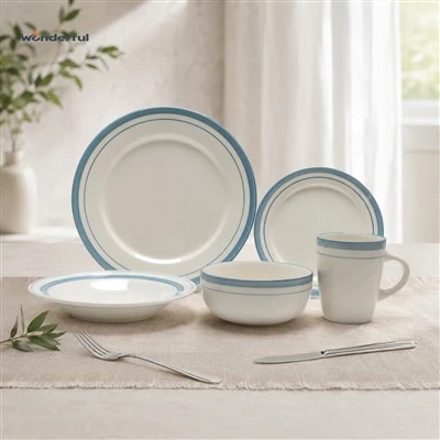 Bộ đồ ăn bằng gốm sứ viền xanh ven biển